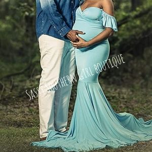 🆕⭐ Aqua mint off shoulder maternity photoshoot maxi dress
